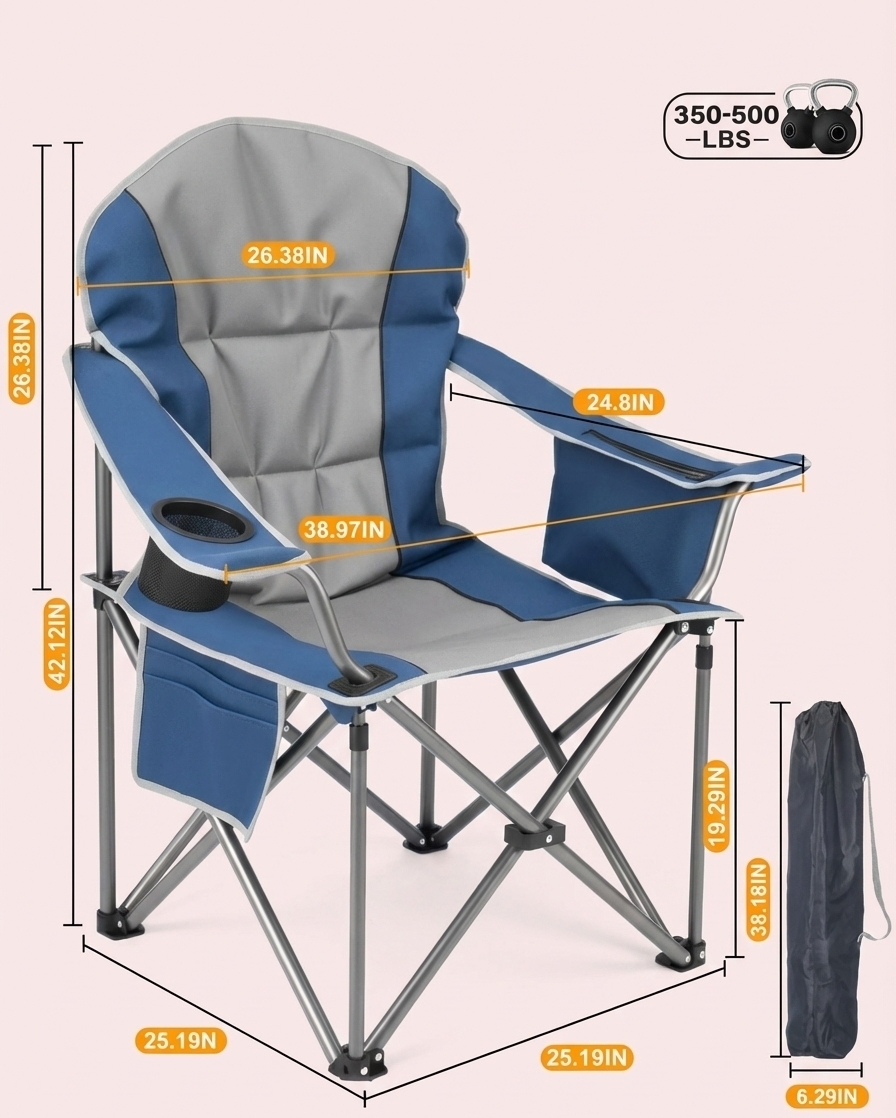 500 lbs Heavy Duty Folding Camping Chair w/ Cup Holder & Cooler Bag | Portable Outdoor Beach Seat