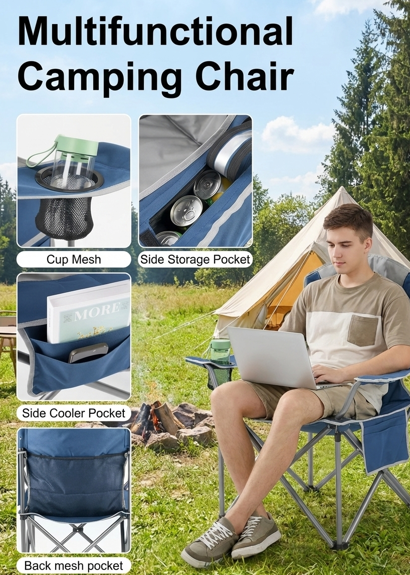 500 lbs Heavy Duty Folding Camping Chair w/ Cup Holder & Cooler Bag | Portable Outdoor Beach Seat