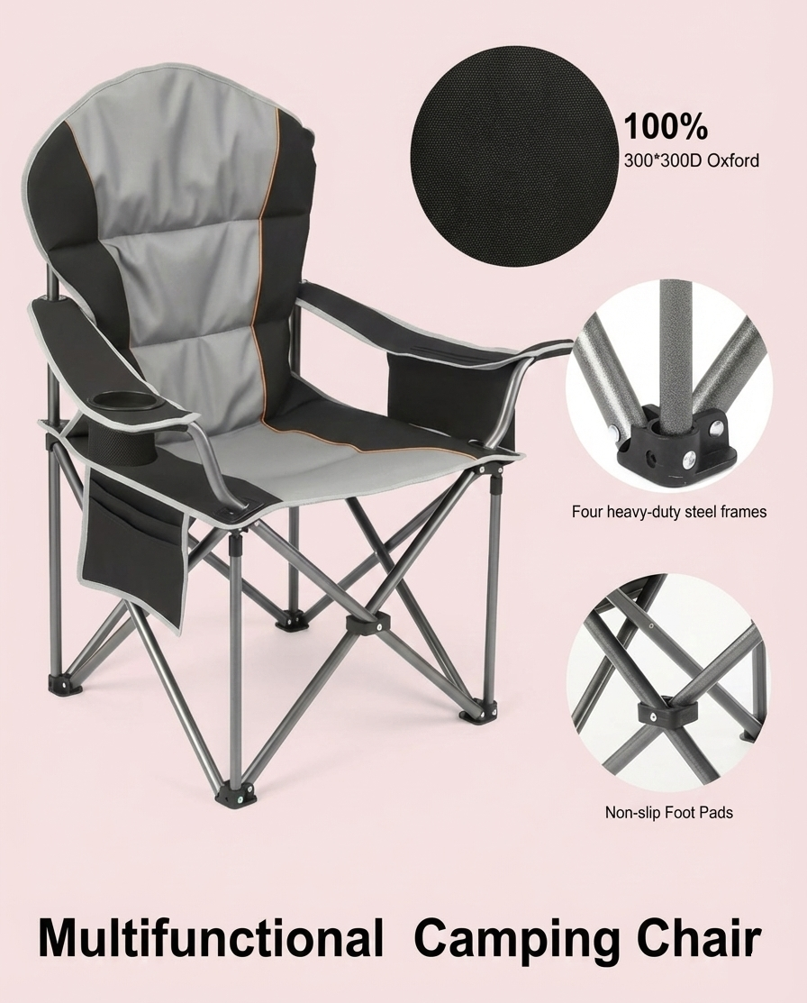 500 lbs Heavy Duty Folding Camping Chair w/ Cup Holder & Cooler Bag | Portable Outdoor Beach Seat
