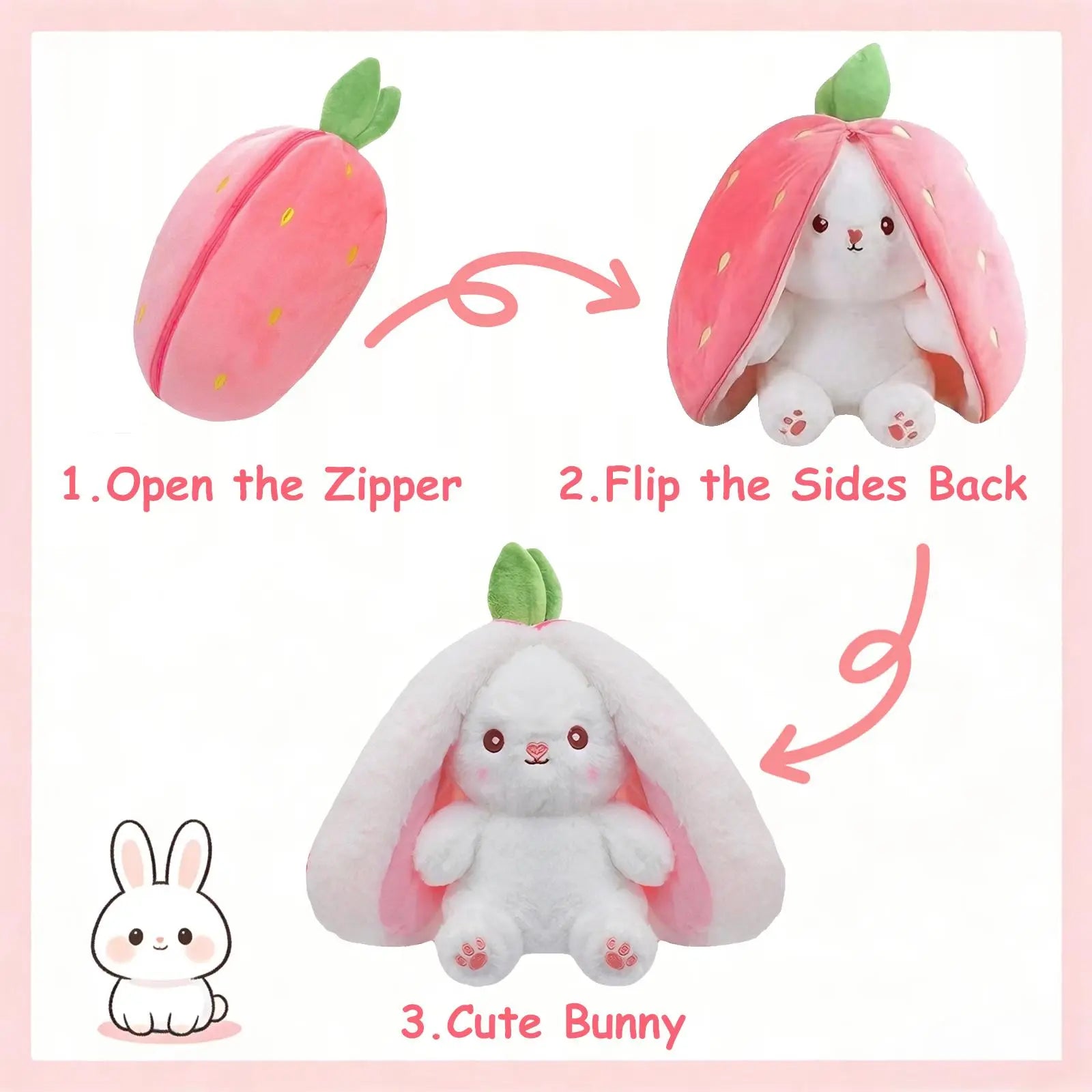 Bunny Stuffed Animal, Strawberry Reversible Cuddle Bunny Plush Doll with Zipper Cute Soft Rabbit Toys Pillow for Kids and Adults Easter Bunnies Plushies Gifts