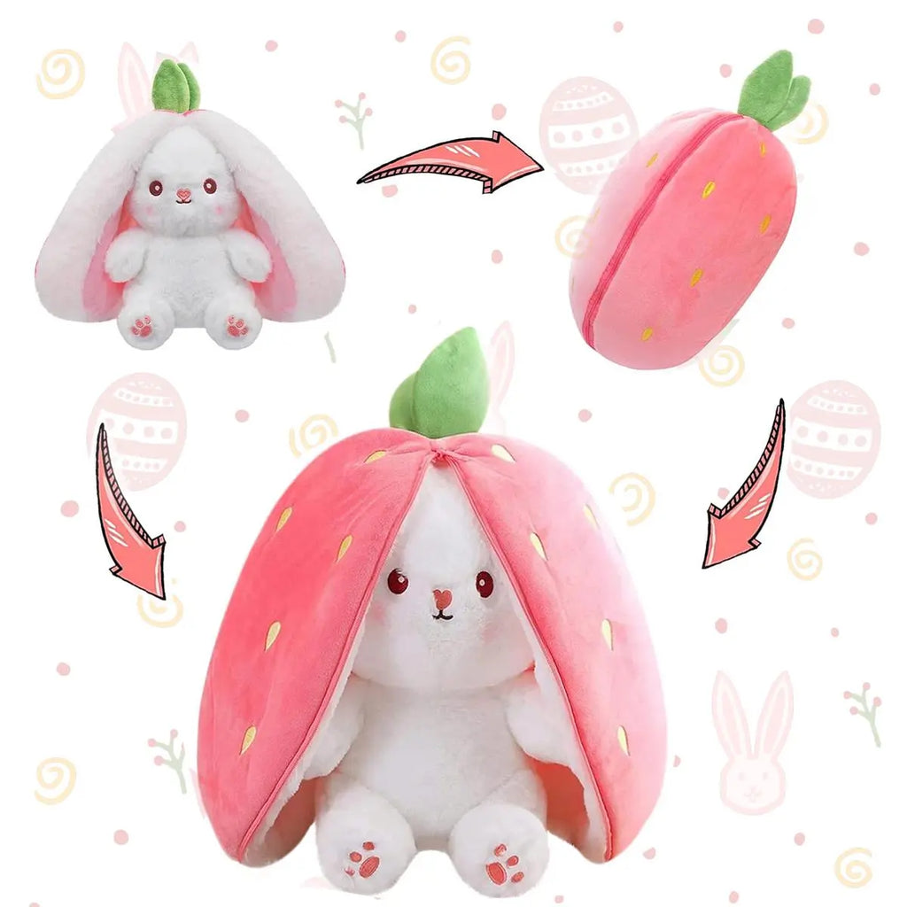 Bunny Stuffed Animal, Strawberry Reversible Cuddle Bunny Plush Doll with Zipper Cute Soft Rabbit Toys Pillow for Kids and Adults Easter Bunnies Plushies Gifts