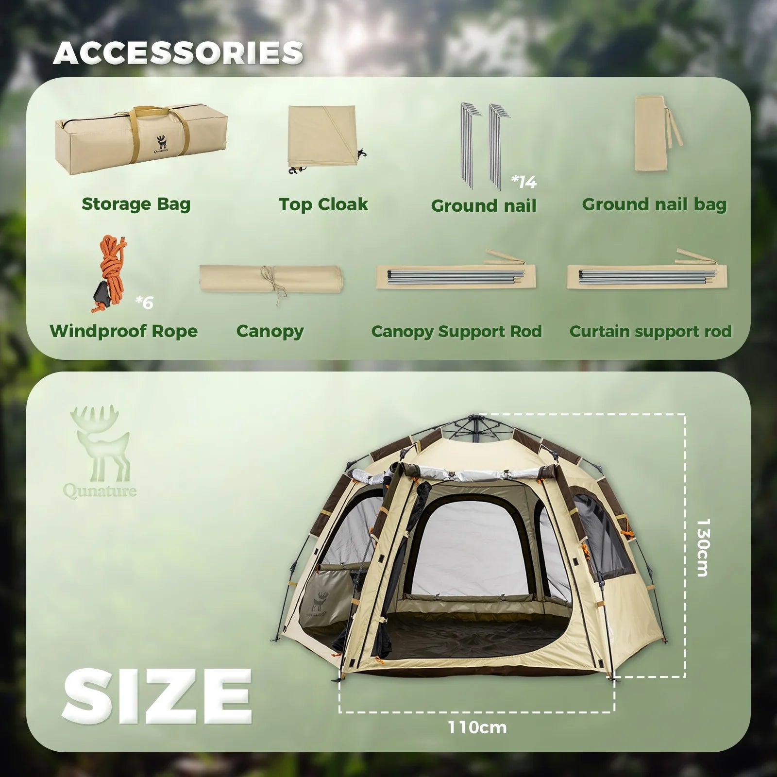 Quick Setup Hexagonal Tent UPF50+ Waterproof Lightweight